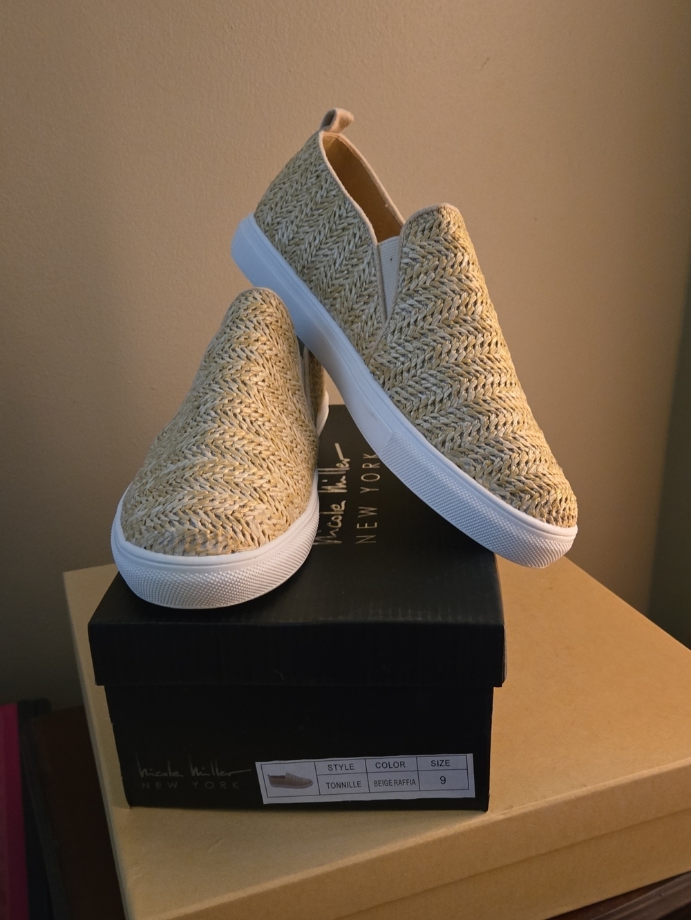 Nicole Miller Woven Slip-On Sneakers in Beige Raffia Size 9 NWT